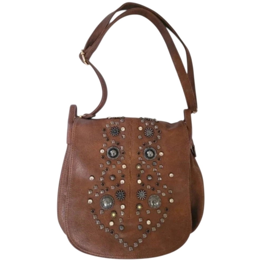 Cognac brown large Hobo studded flap rustic western cowgirl crossbody purse bag - Picture 1 of 14